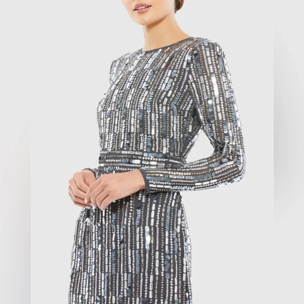 MAC DUGGAL Charcoal Gray Embellished High Neck Long Sleeve Fitted Dress NWT 16